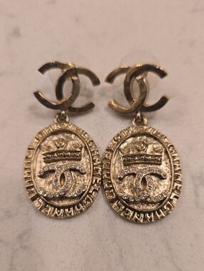 CHANEL Gold-Tone CC Medallion Drop Earrings with Crystals